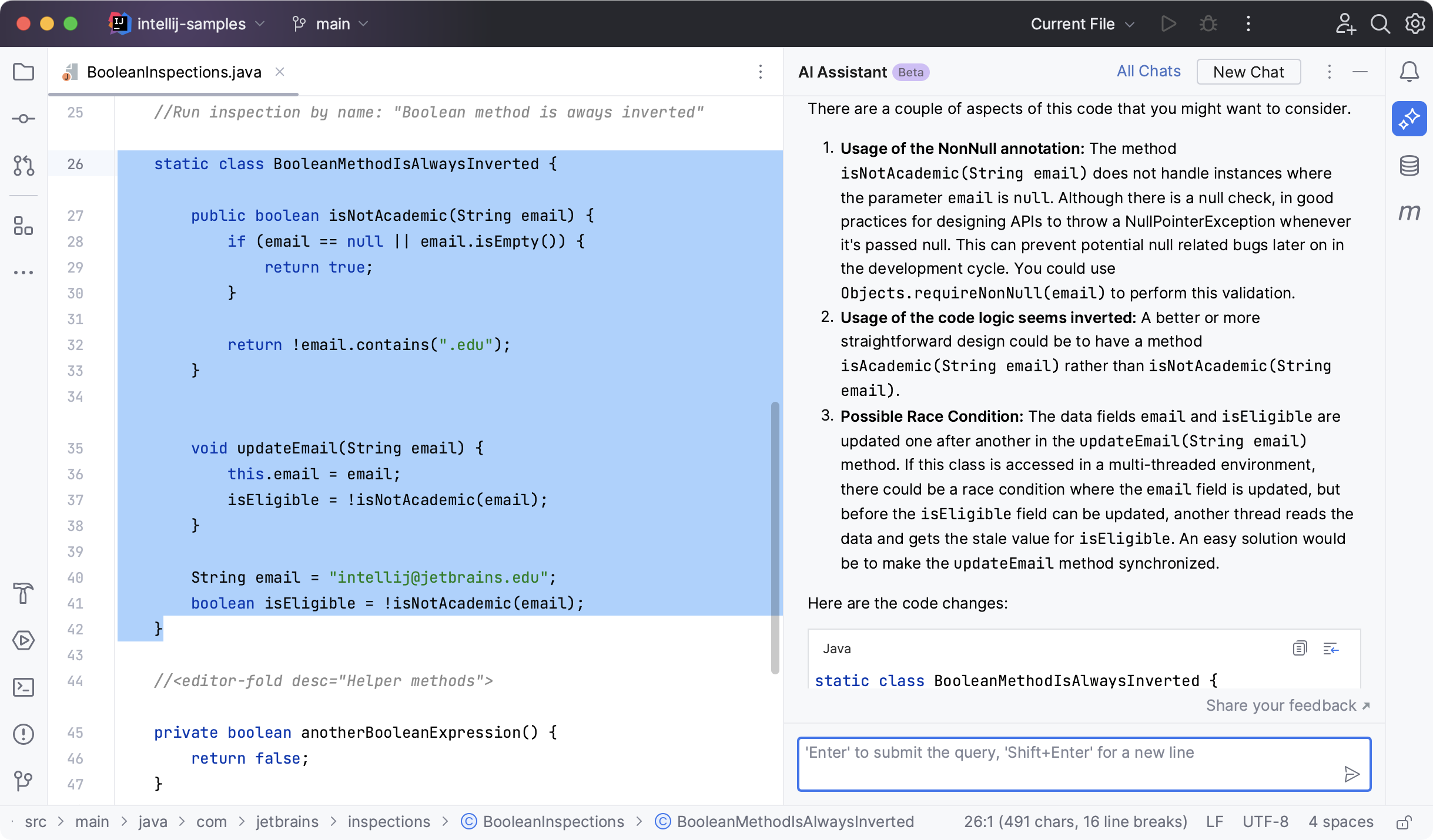 IntelliJ IDEA：AI 助手发现所选代码中的潜在问题