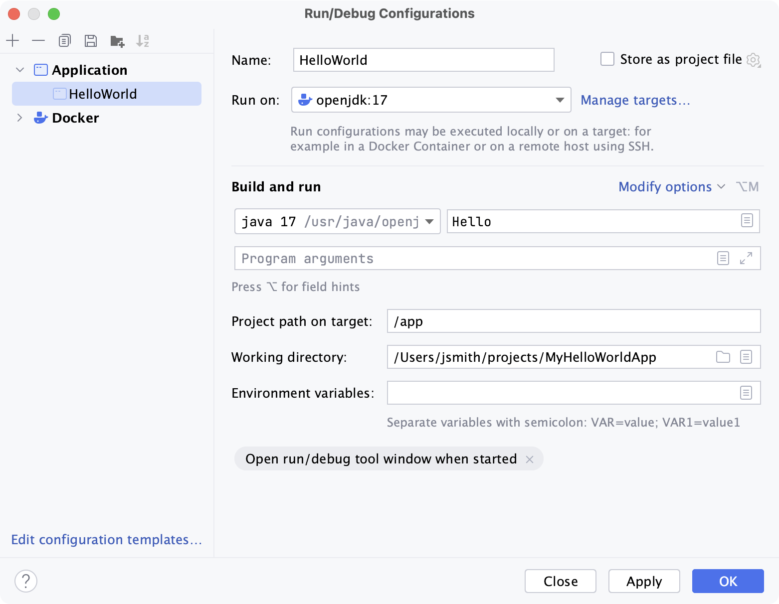 具有 Docker 运行目标的 Java 应用程序