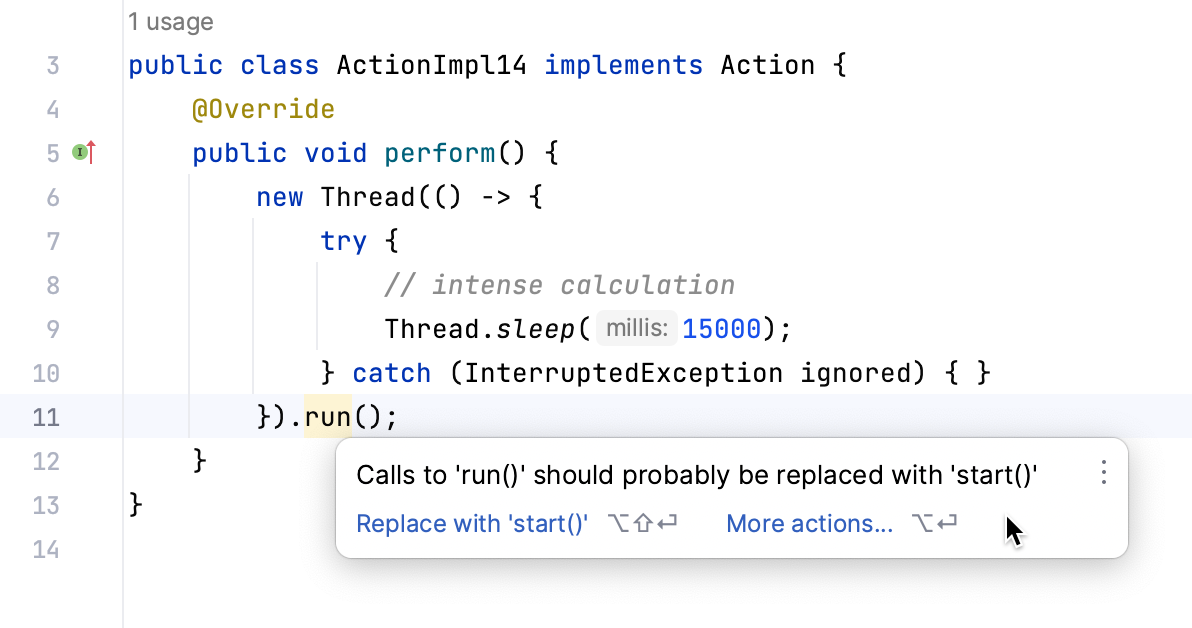 IntelliJ IDEA 警告对 run() 的可疑调用，并建议将其替换为 start()