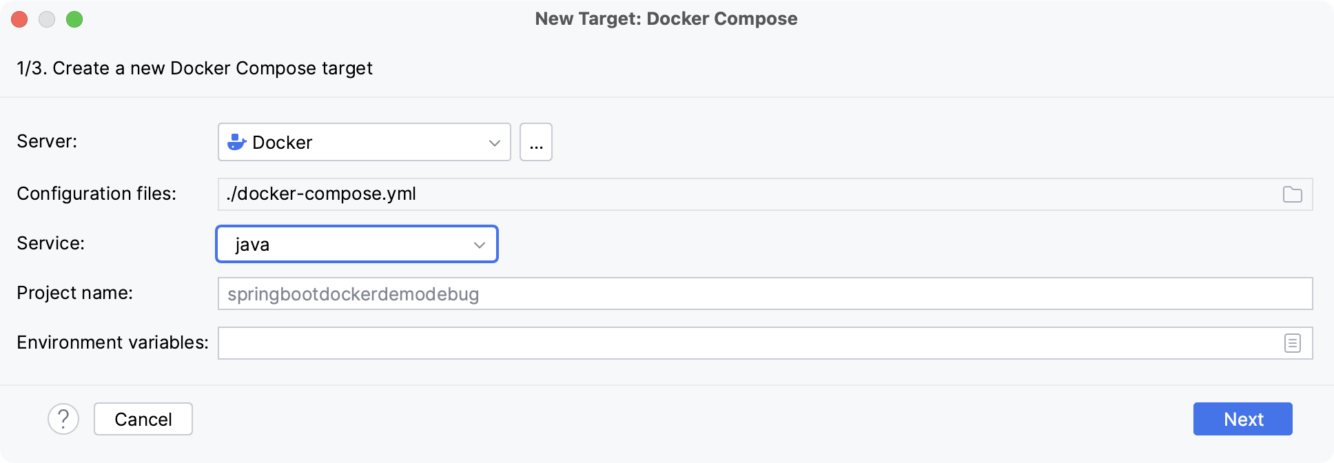 使用 Java 服务添加 Docker Compose 运行目标