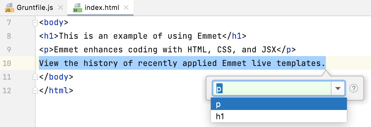 最近应用的 Emmet 实时模板的历史记录