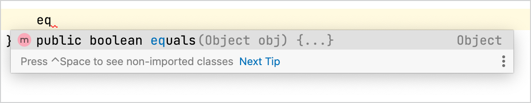 代码完成弹出窗口建议生成 equals()