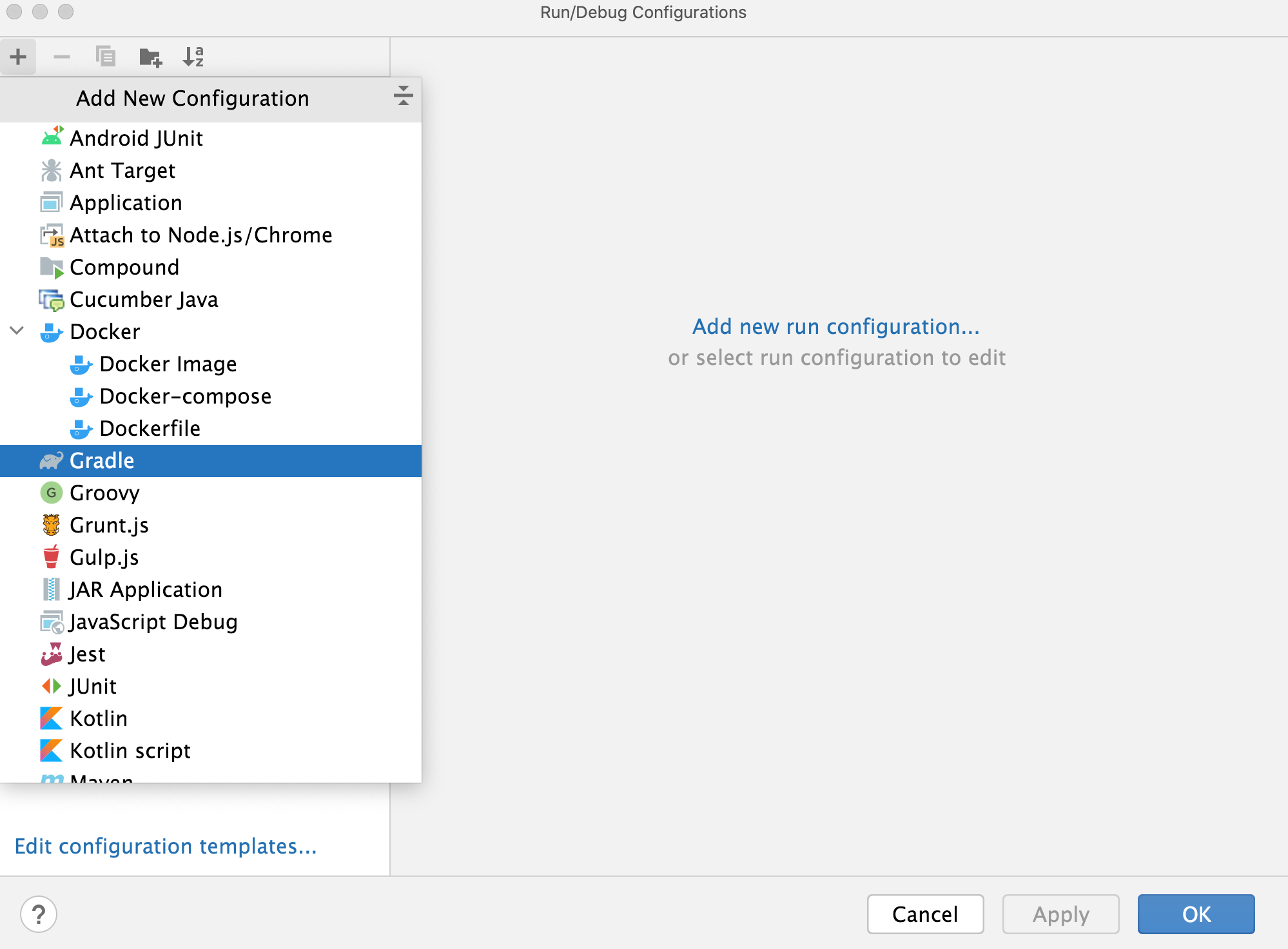 添加新的 Gradle 运行/调试配置