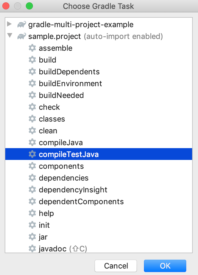 选择 Gradle 任务对话框