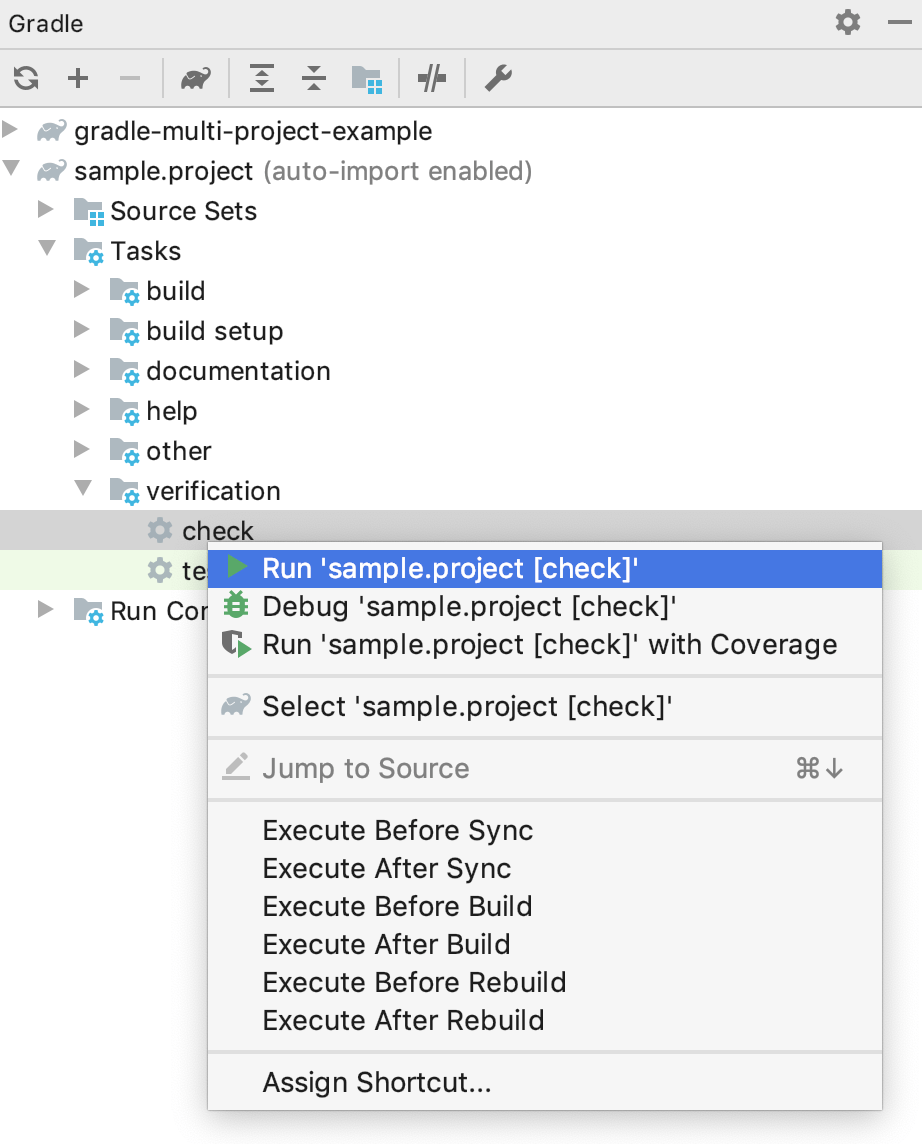 Gradle 工具窗口：上下文菜单