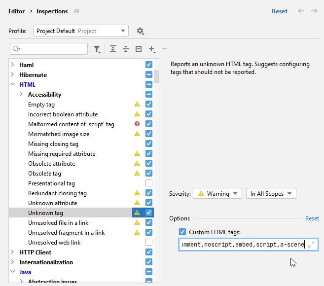 IntelliJ IDEA：未知 HTML 标签的检查选项