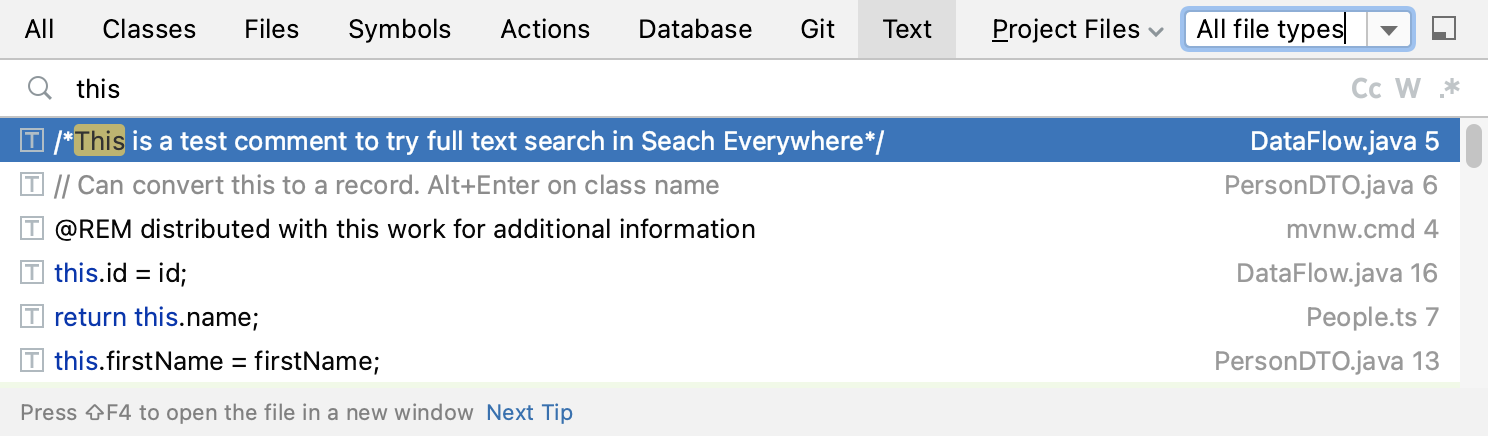 Search Everywhere 中的全文搜索结果