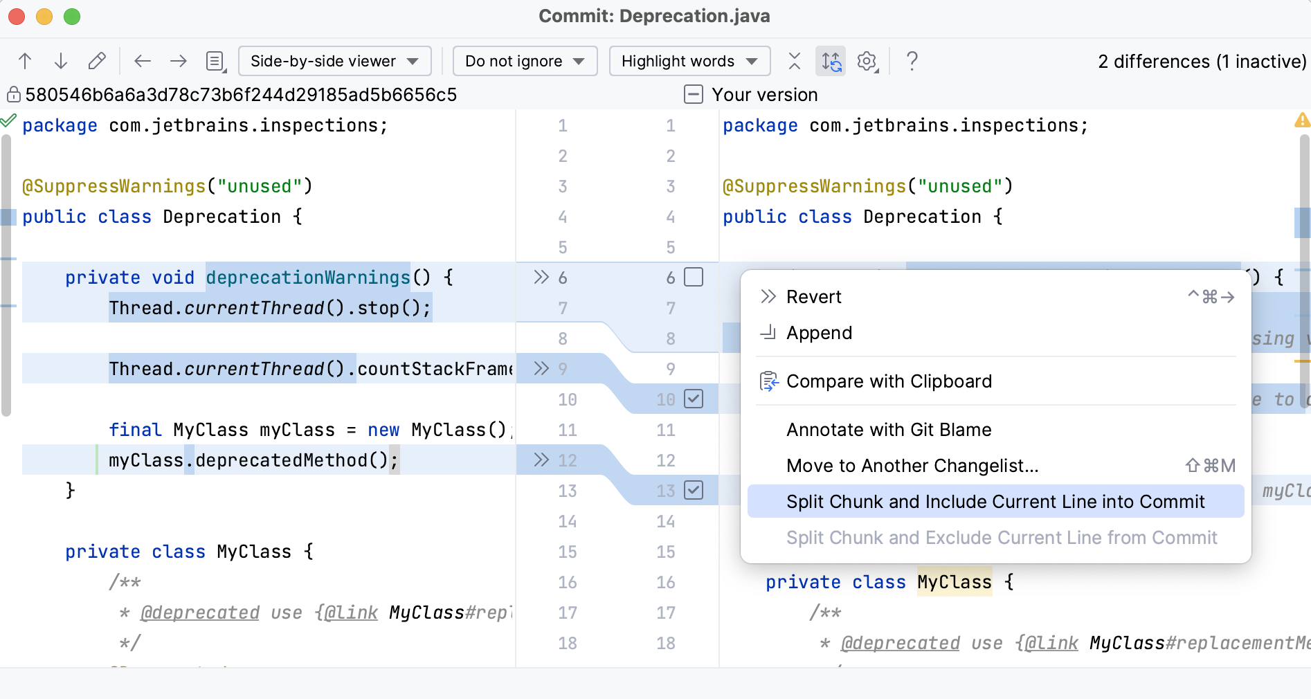 IntelliJ IDEA：在上下文菜单中的提交中包含当前行的选项