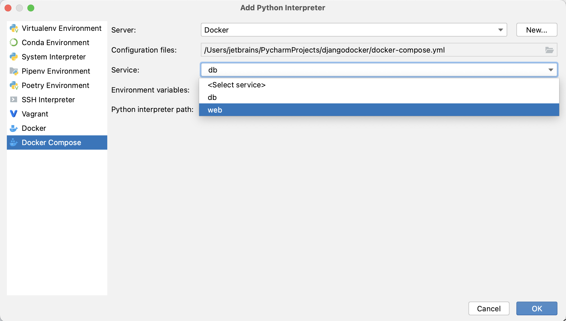 使用 Docker Compose 配置 Python 解释器