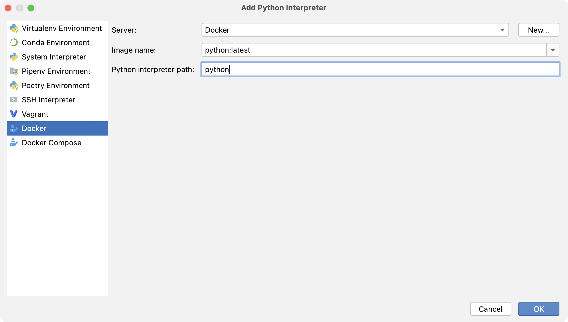 使用 Docker 配置 Python 解释器