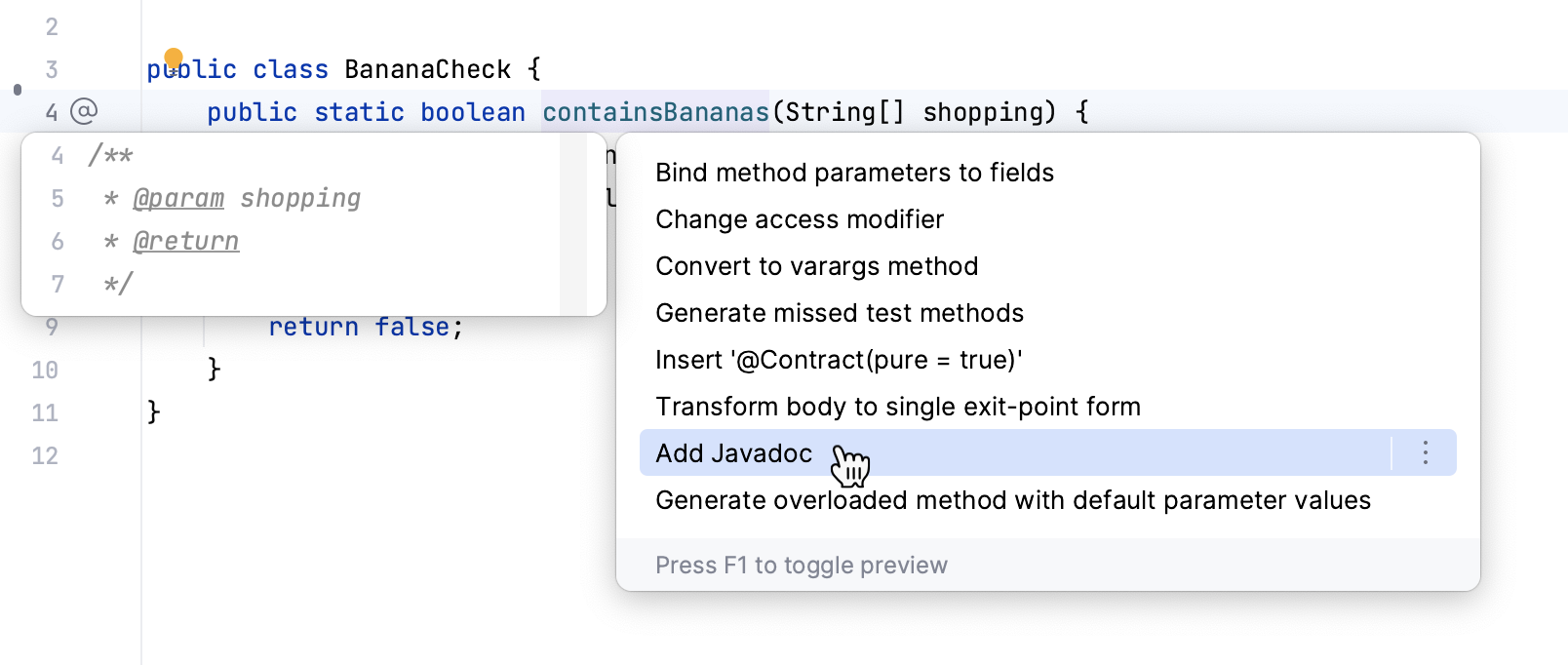 使用“添加 Javadoc”上下文操作添加 Javadoc