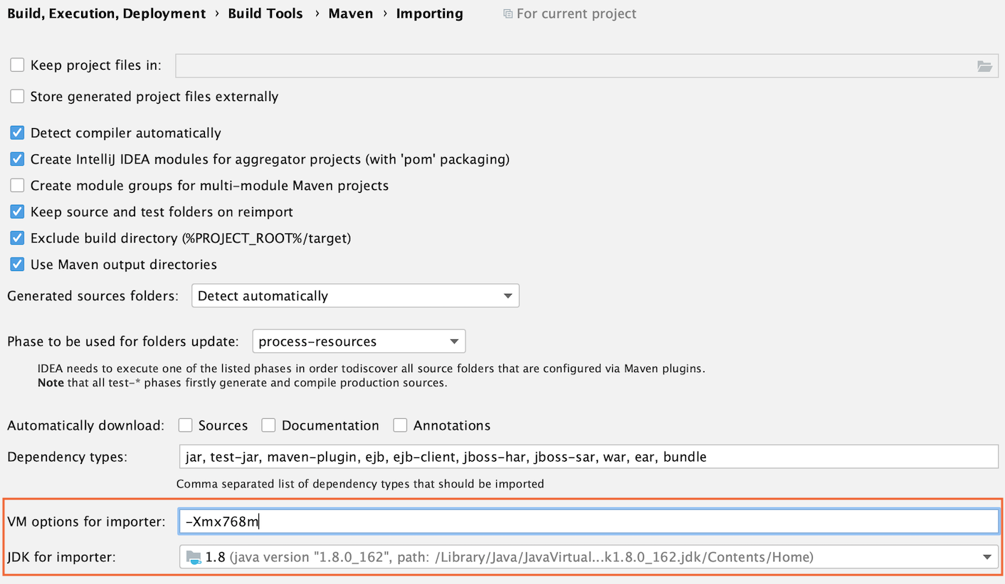 Maven 设置：VM 选项和导入器的 JDK