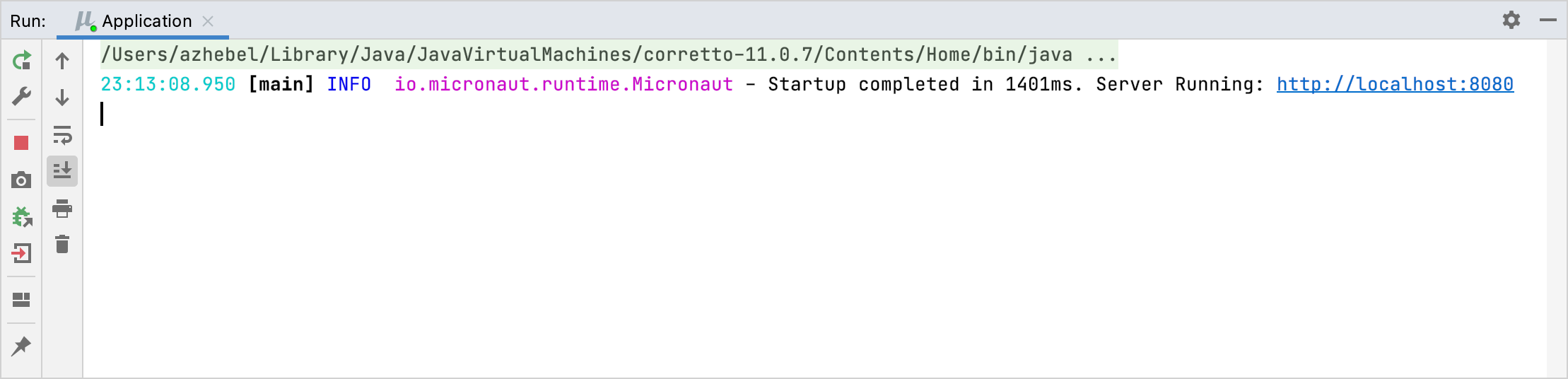 在“运行”工具窗口中运行的Micronaut应用程序