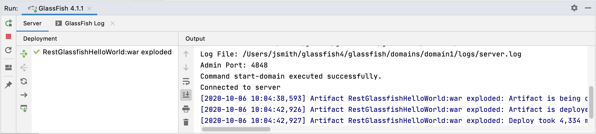 启动 GlassFish 服务器并在“运行”工具窗口中部署应用程序