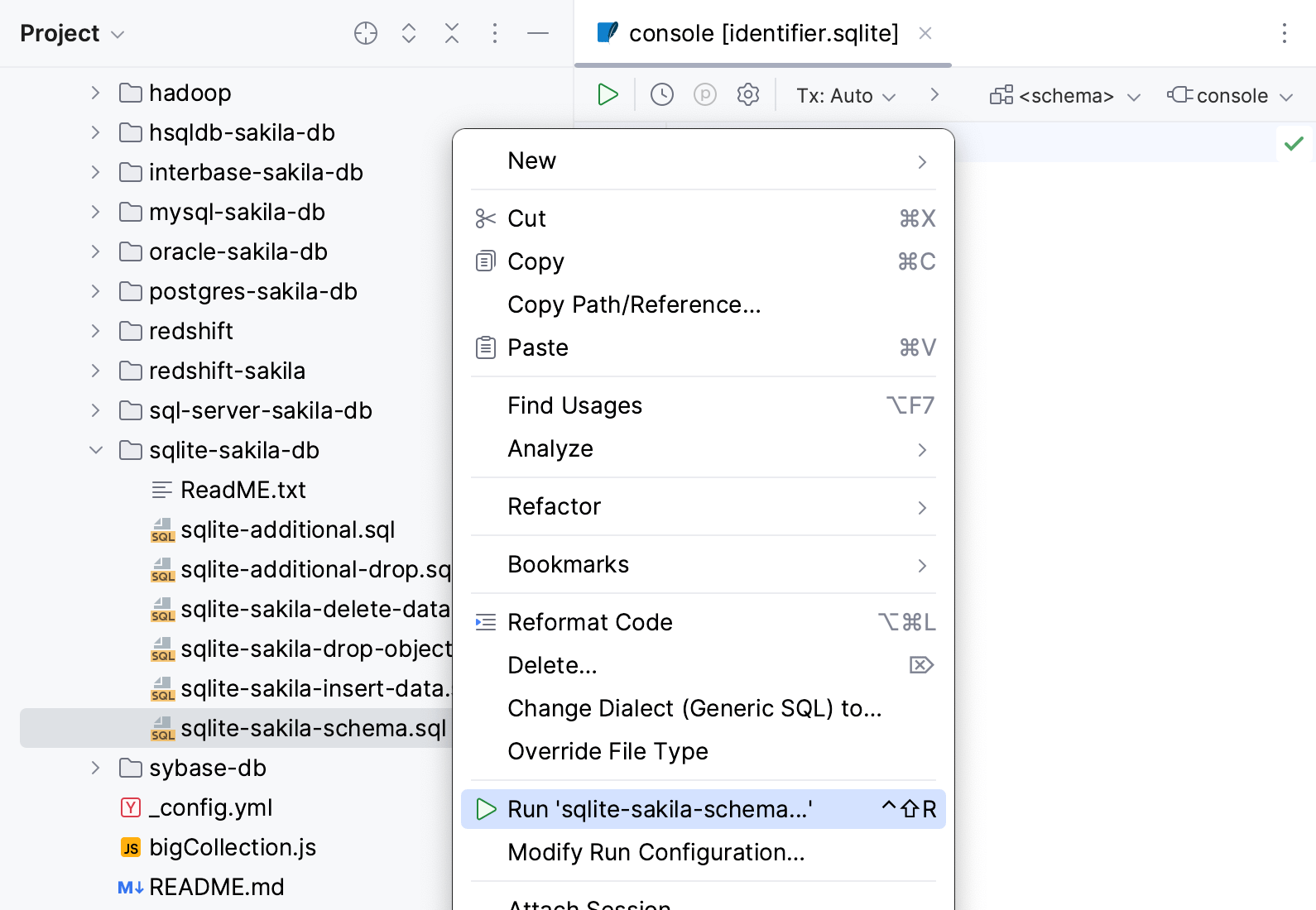 从项目工具窗口运行 SQL 文件