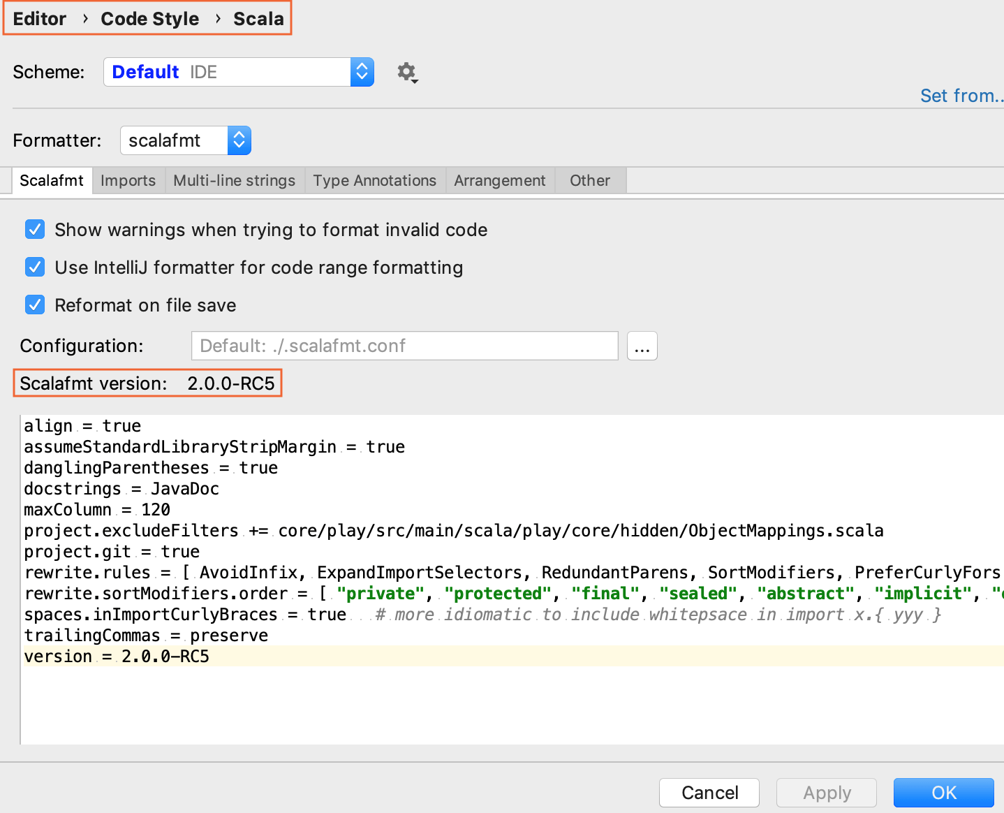 版本更改后的 Scalafmt 设置