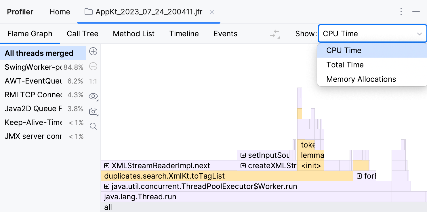 Profiler 工具窗口右上角的显示菜单