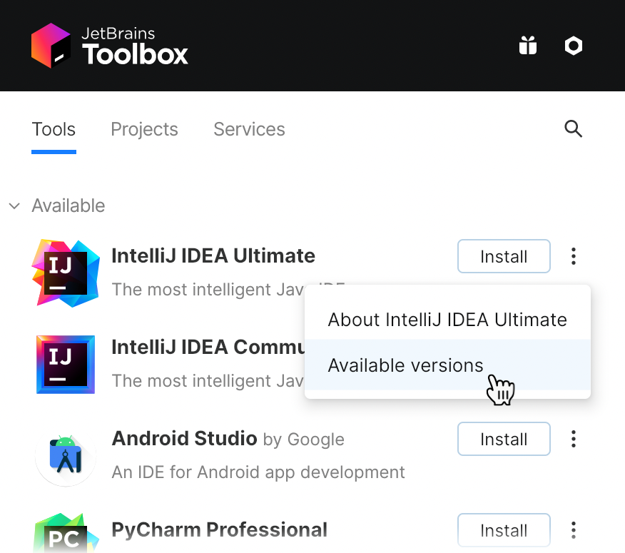 Toolbox 应用程序中的 IntelliJ IDEA