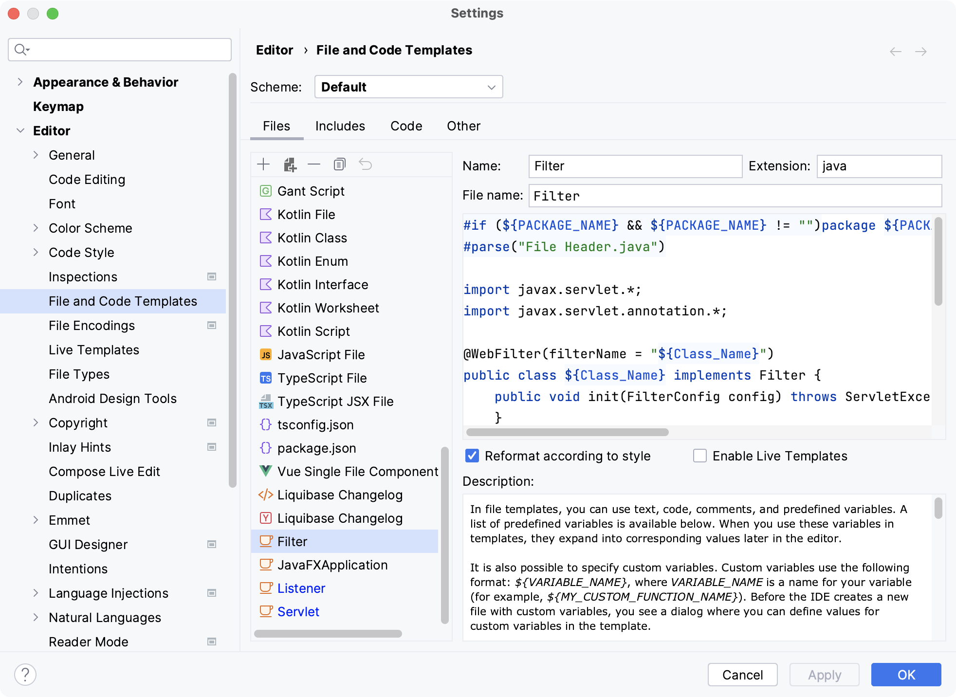 Defining template for Filter Web application element