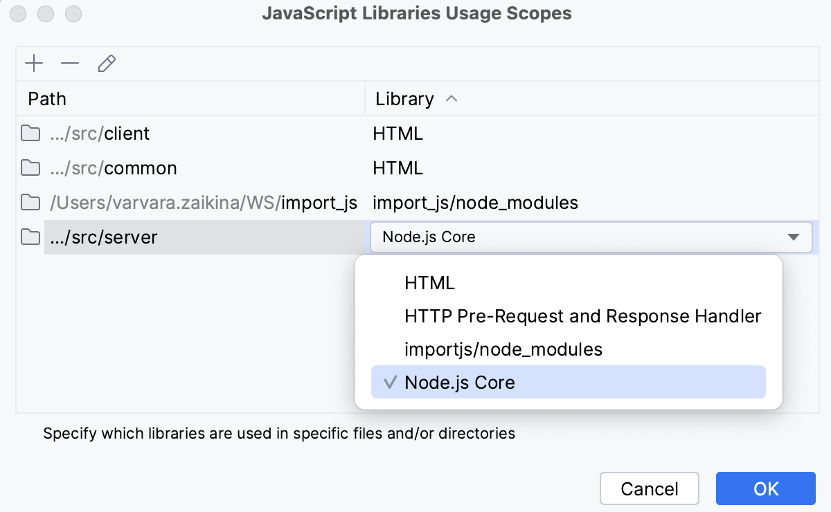 指定范围：选择Node.js核心库