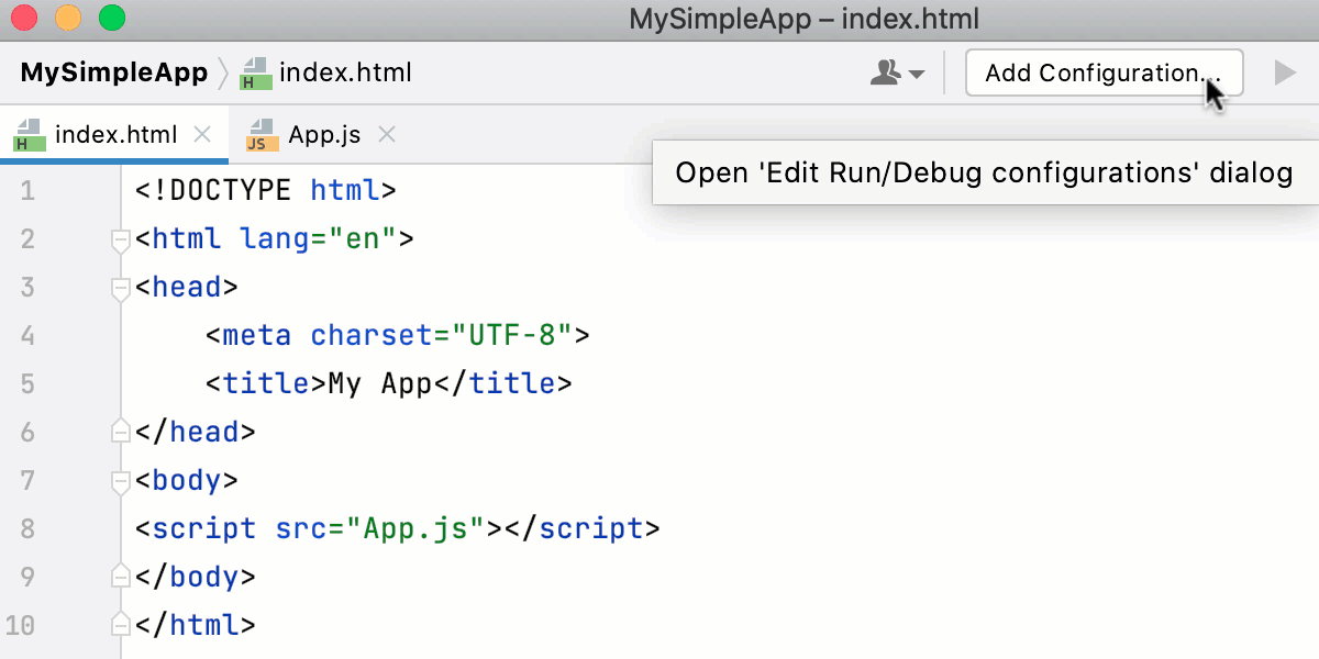 在外部 Web 服务器上调试 JavaScript：打开“编辑配置”对话框