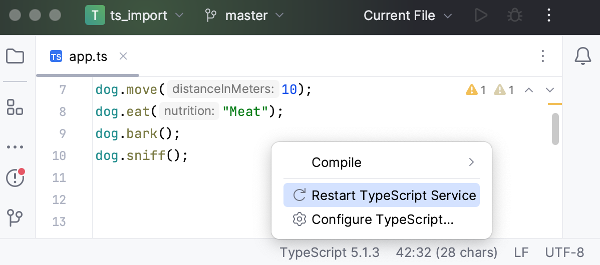 状态栏上的 TypeScript 小部件：重新启动 TypeScript 语言服务